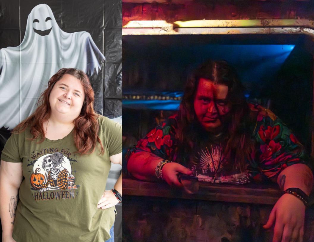 Mallorie Johnson works as seventh grade English teacher (left) and monster at Knott's Scary Farm in the Cinema Slasher haunted maze at night (right). (Photo credit: Ellis Evans)