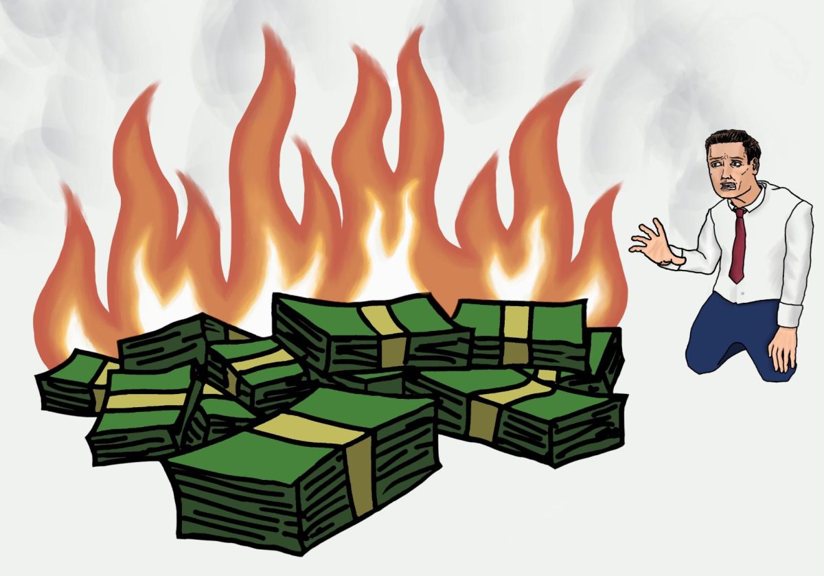 A digital illustration depicts money burning while a teacher watches in agony. Inflation has caused many teachers to feel like their paychecks are affording less and less. (Artwork credit: <a href=