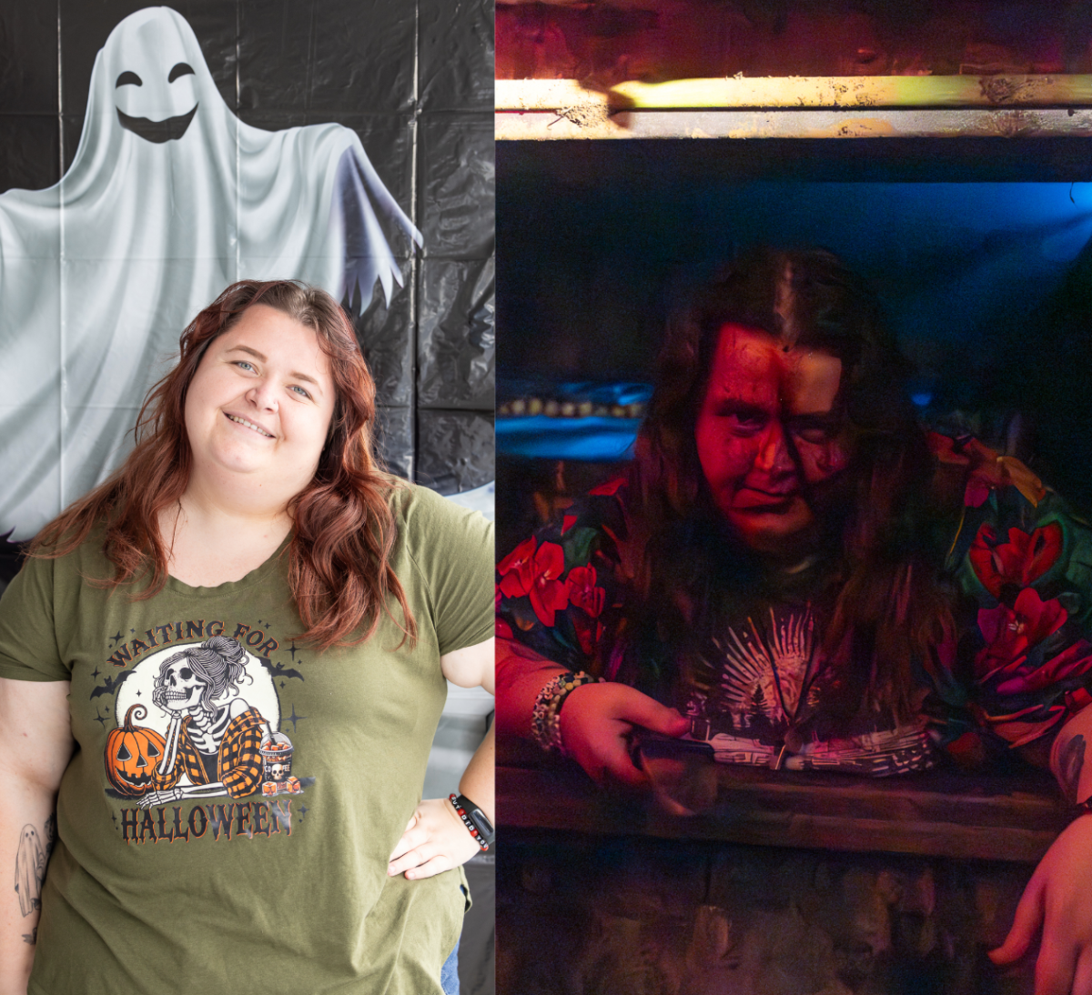 Mallorie Johnson works as seventh grade English teacher (left) and monster at Knott's Scary Farm in the Cinema Slasher haunted maze at night (right). (Photo credit: <a href=