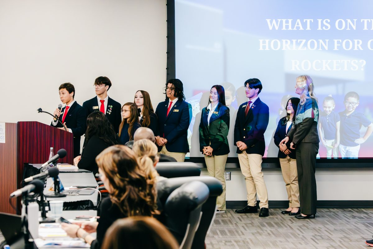 Maximilian Goodly addresses the San Bernardino County Board of Education about how Norton has helped him achieve successes throughout his academic career on Monday, Feb. 10, 2025. (Photo courtesy of Jisela Corona.) 