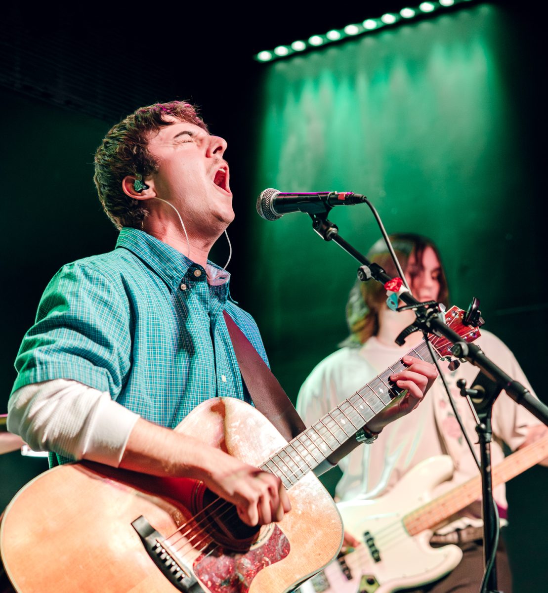 Aidan Zerbini, lead singer of Oceanside-based indie pop band Winnabego, cries out the final refrain of "There Are No Streets" at San Diego's Voodoo Room in the House of Blues on Fri., April 18, 2025. (Photo credit: Tiffany Good)